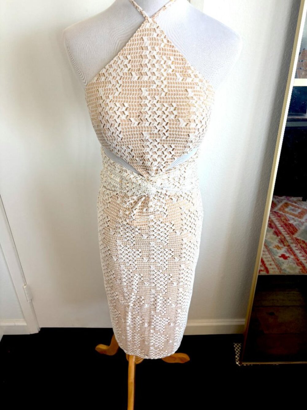 Ivory Gold Metallic Lace HalteIvory Gold Metallic Lace Halter Bodycon Midi Dress